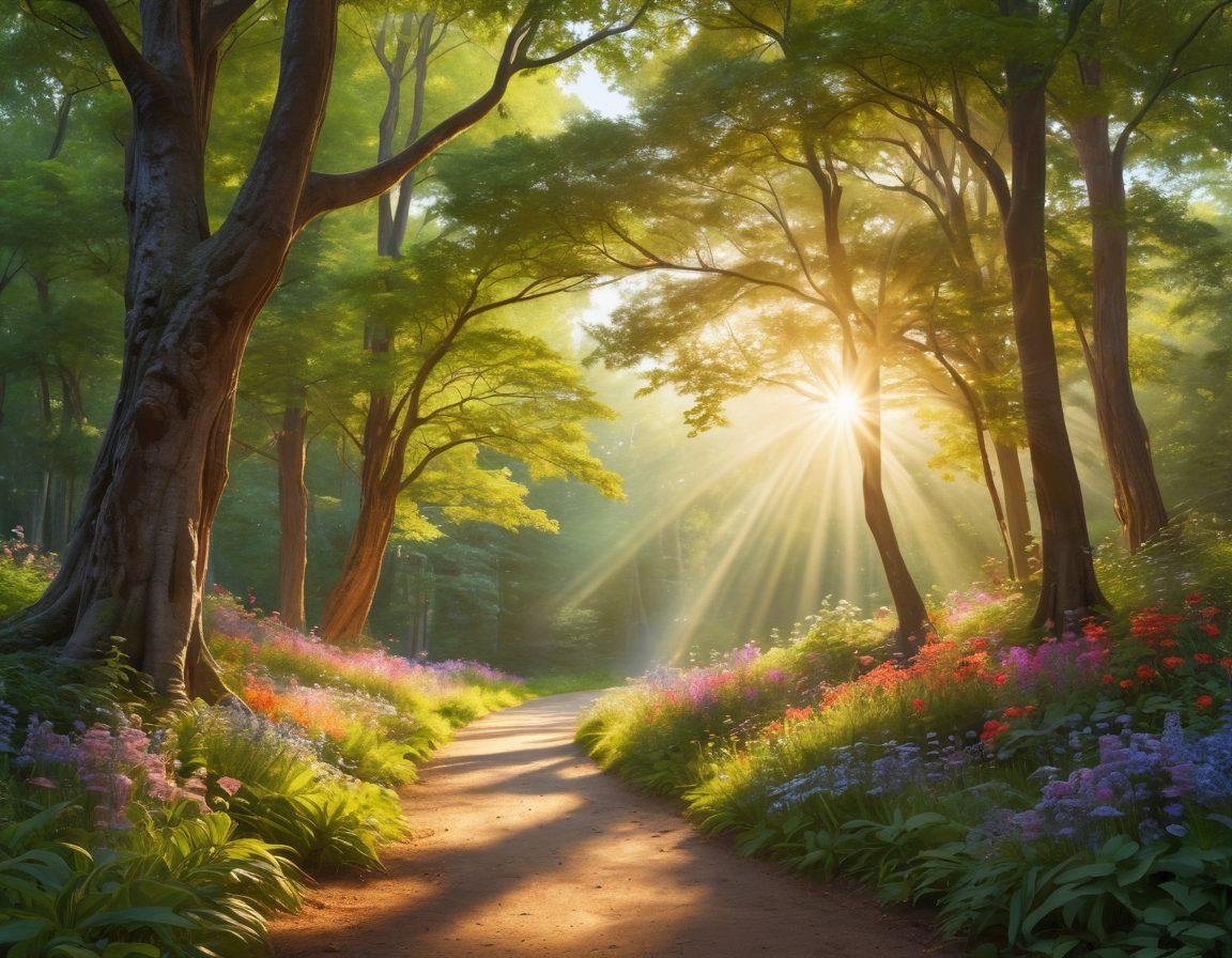 A serene landscape depicting a winding path through a lush forest, symbolizing the journey of self-discovery. Along the path, vibrant flowers and gentle streams represent transformative love and holistic well-being. In the foreground, a diverse group of people engage in meditation and mindfulness activities, reflecting unity and personal growth. Soft, warm sunlight filters through the trees, creating a peaceful atmosphere. super-realistic. vibrant colors. soft focus.