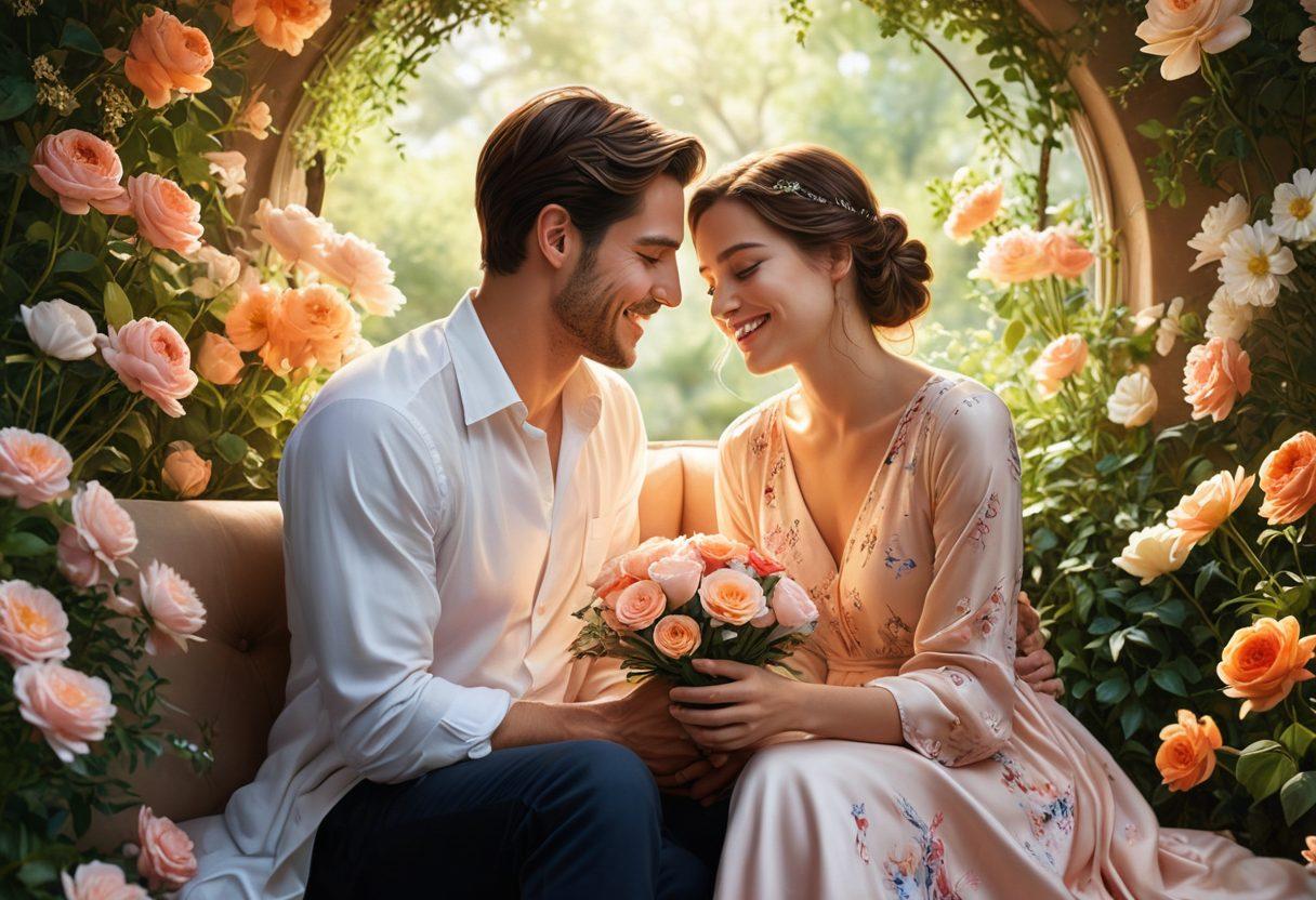 A warm, intimate scene of a couple sitting closely together, sharing a moment of laughter and tenderness. Soft, glowing light surrounds them, symbolizing compassion and love. Delicate elements like blooming flowers and gentle hands reaching towards each other enhance the sense of nurturing devotion. The background features hints of a serene nature setting, adding to the romantic atmosphere. super-realistic. vibrant colors. peaceful ambiance.