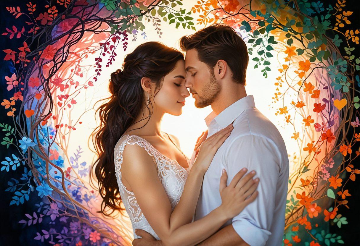 A serene couple embracing each other, surrounded by a soft, glowing aura symbolizing emotional intimacy. In the background, abstract hearts and intertwining vines represent deep connections and growth. The setting is tranquil, with warm pastel colors to evoke comfort and love. ethereal lighting enhances the romantic ambiance. super-realistic. vibrant colors.